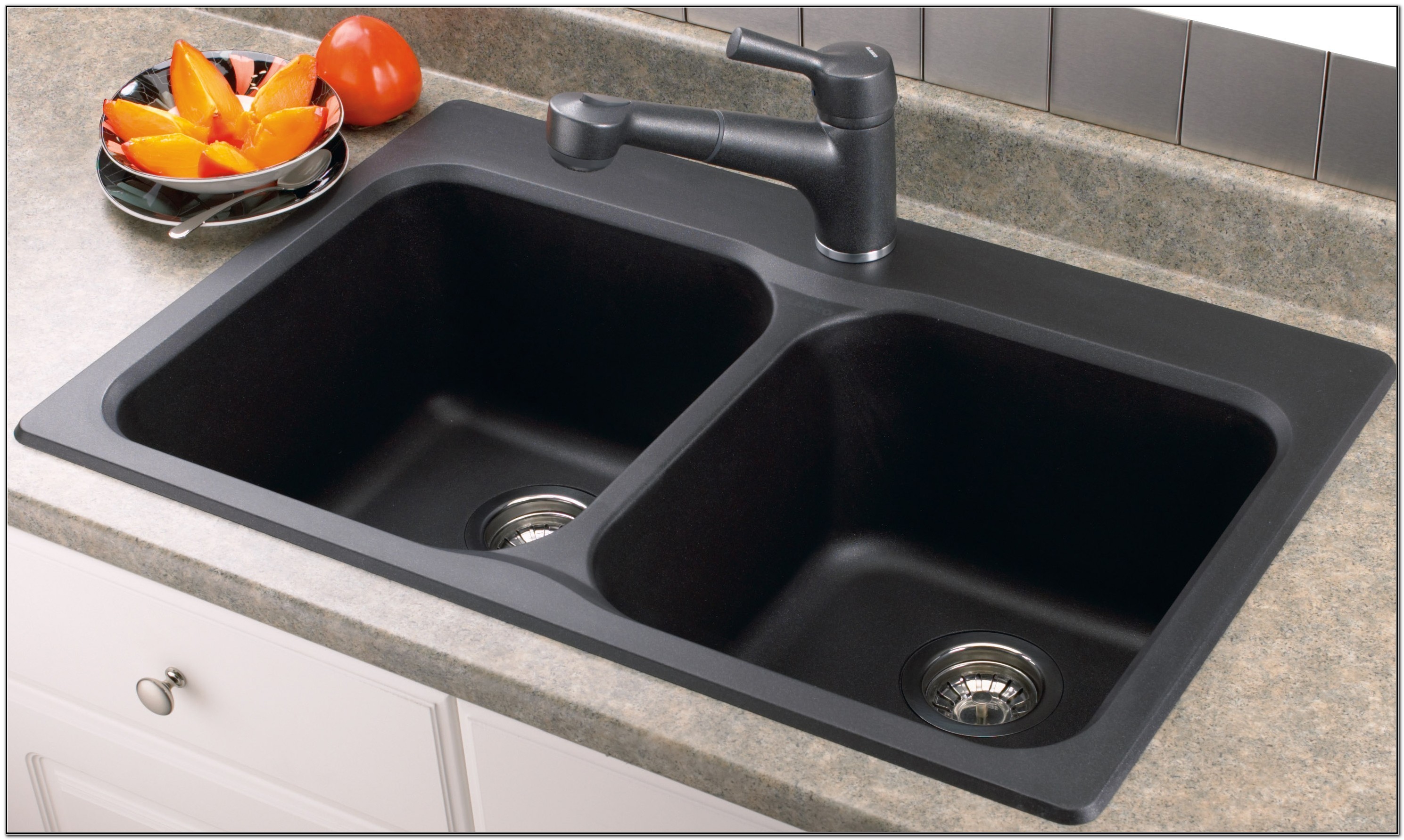 Black Porcelain Double Kitchen Sink And Faucets