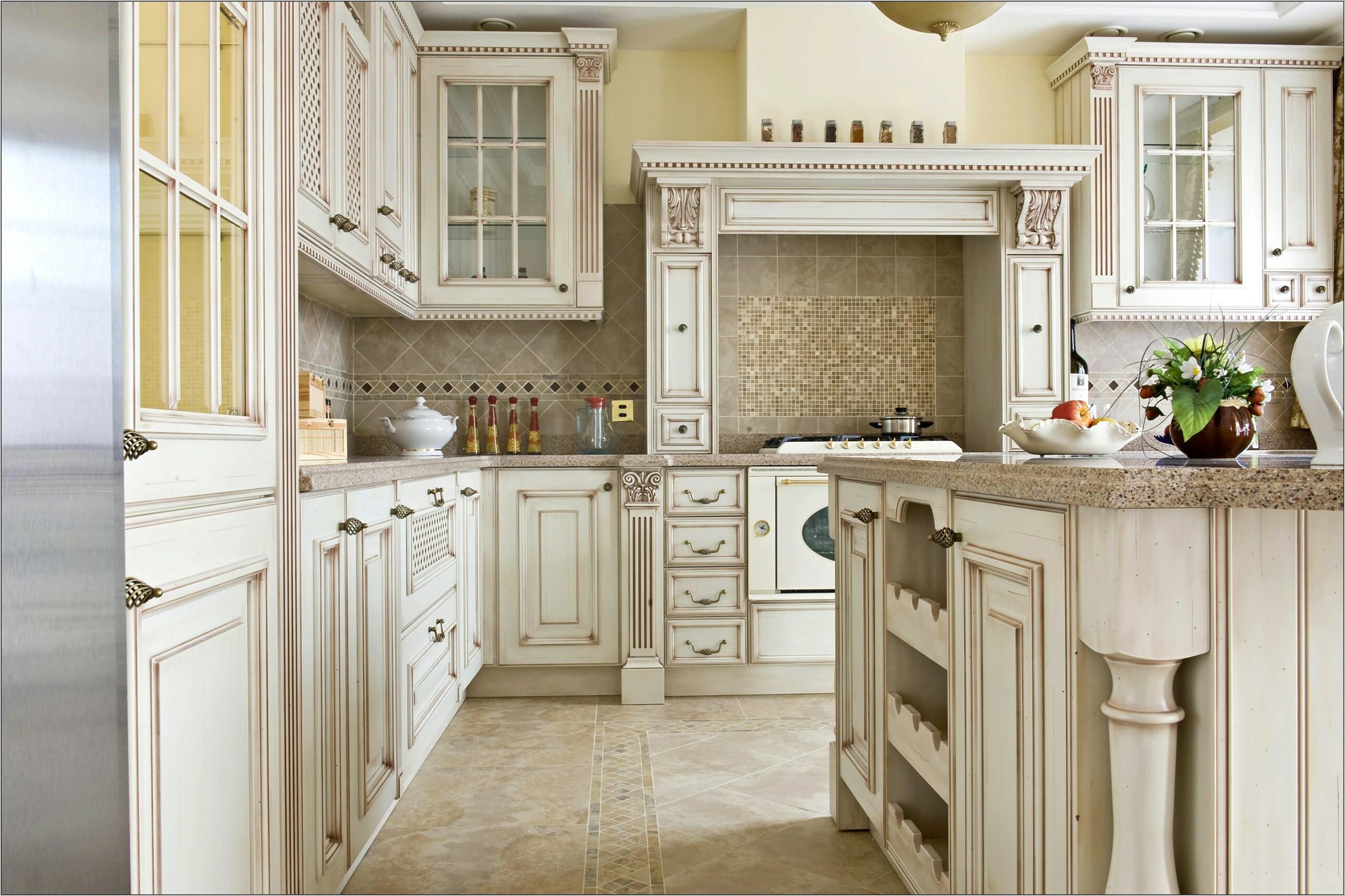 Antique White Distressed Kitchen Cabinets